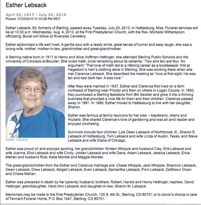 EstherLebsackObituary