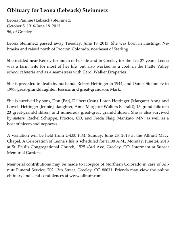 JL237 Leona Steinmetz Obituary